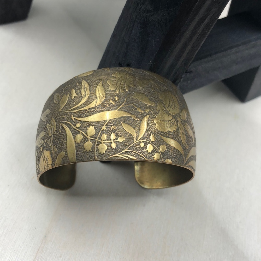 Vintage textured brass cuff leafy flower design, boho statement style bracelet.